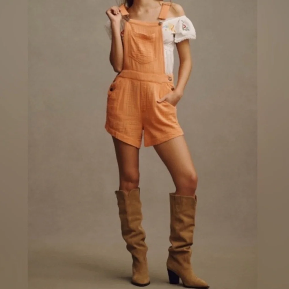 🟤NWT PILCRO by ANTHROPOLOGIE Gauze Overalls in Peach Sz 10 - Picture 3 of 5